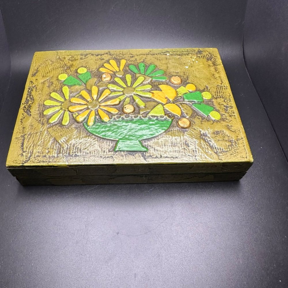 Vintage 1970s Fitz and Floyd Trinket Box Retro Green Floral Keepsake Box, signed
